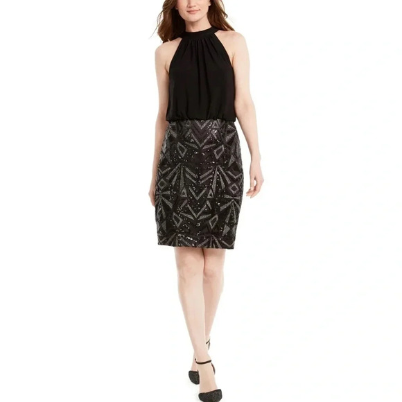 Vince Camuto Black Sequined Sleeveless Halter Cocktail Sheath Dress size 6 - Picture 1 of 15